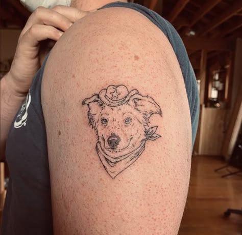 Western Dog Tattoo, Dog With Cowboy Hat Tattoo, Illustrative Dog Tattoo, Vintage Dog Tattoo, Service Dog Tattoo, Dog Profile Tattoo, Cowboy Dog Tattoo, Tattoo Ideas Cowboy, Gsp Tattoo