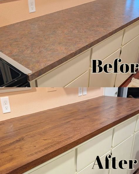 How To Upgrade Laminate Countertops, Cover Countertops With Wood, Vinyl Covered Kitchen Counters, Old Kitchen Countertop Makeover, Wood Vinyl Countertops, Renter Friendly Countertop Makeover, Redone Countertops, Change Countertop Color, Temporary Countertop Cover