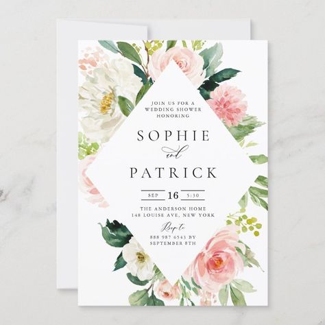 Pretty Spring Floral Frame Wedding Shower Invitation  Zazzle Geometric Botanical, Blush Collection, Geometric Wedding Invitation, Spring Wedding Invitations, Botanical Wedding Invitations, Couples Shower Invitations, Watercolor Floral Wedding Invitations, Wedding Shower Invitations, Geometric Wedding