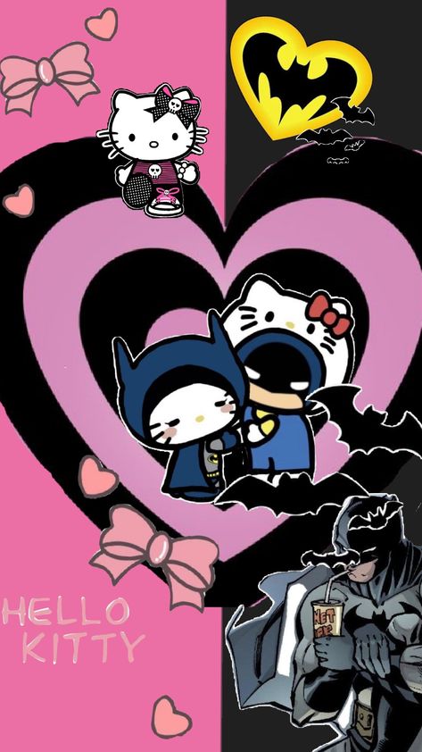 Batman And Hello Kitty Drawing, Batman And Hello Kitty Wallpaper, Cute Batman Drawing, Batman And Hello Kitty, Lego Batman Wallpaper, Matching Wallpaper Couple, Cute Batman, Disney Movie Scenes, Batman Love