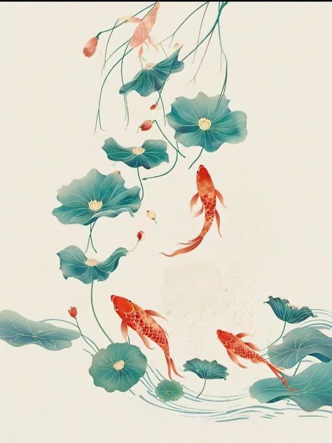 Asian Flower Art, Japanese Water Art, Water Japanese Art, Japanese Line Art, Asian Watercolor, Koi Fish Pattern, Japan Flowers, Koi Fish Painting, Asian Flowers