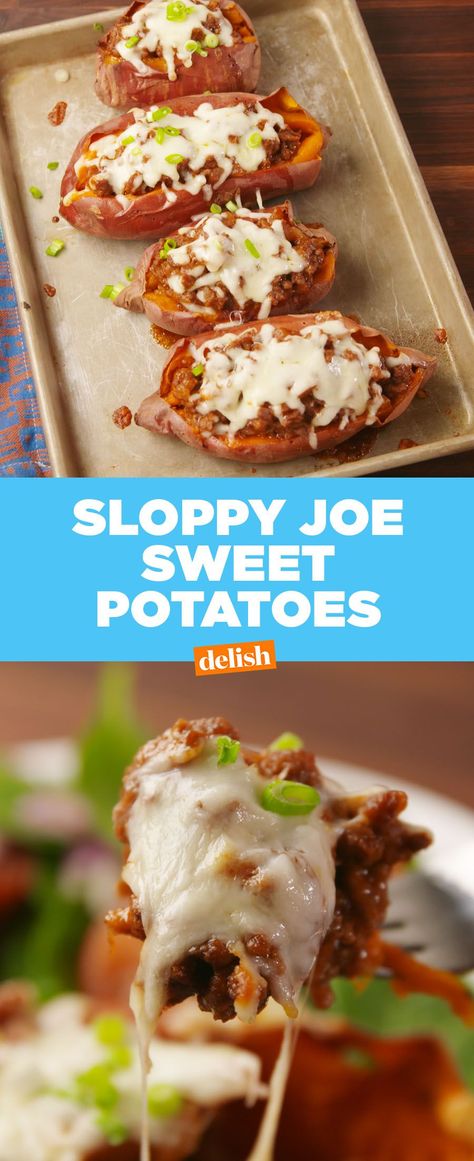 Sloppy Joe Sweet PotatoesDelish Hamburger And Sweet Potato Recipes, Hamburger Sweet Potato Recipes, Recipes Hamburger, Super Recipes, Hamburger Casserole, Sloppy Joe, Potato Recipe, Sloppy Joes, Sweet Potato Recipes