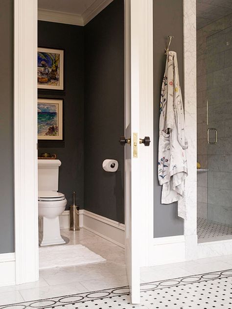 Dark Walls with Splashy Art in Private Toilet Room or Powder Toilet Closet Ideas, Ranch Bathroom, Washroom Ideas, Private Toilet, Mom Bathroom, Toilet Closet, Casa Clean, Bathroom Stuff, Spa Bathroom