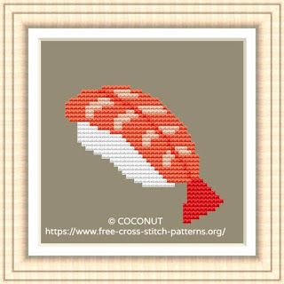 Sushi Cross Stitch, Ebi Sushi, Crossing Threads, Sake Sushi, Printable Cross, Kawaii Cross Stitch, Free Cross Stitch Charts, Easy Cross Stitch Patterns, Small Cross Stitch