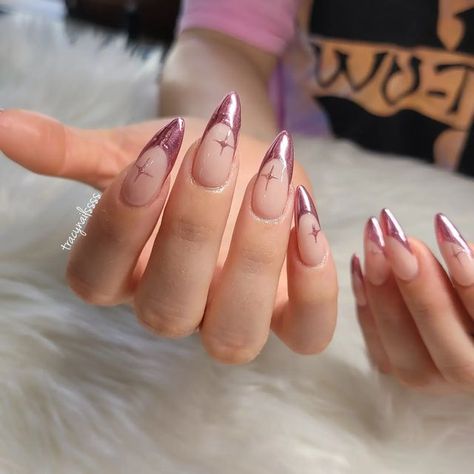 Gel X Nails Almond Chrome, X Nails, Long Almond Gel X Nails, Long Nail, Nails Clear, Nails Rose Gold, Rose Gold Chrome Nails Designs, Coffin Pink Chrome Nails, Rose Gold Chrome Nails