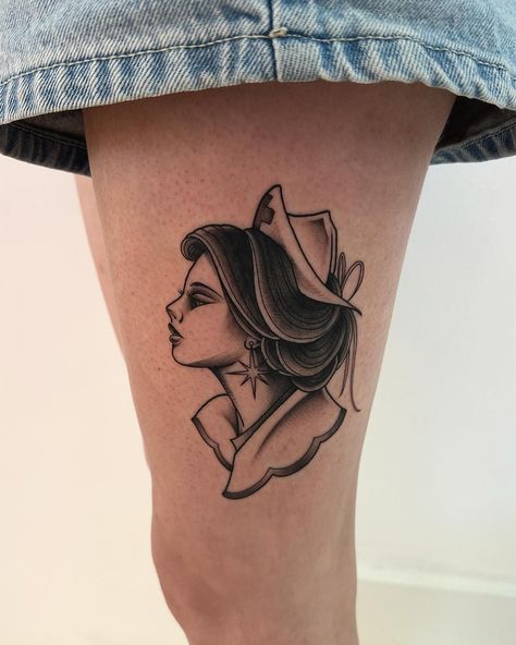 Trad inspired nurse for Sophie today, to celebrate her graduating nursing school! 🎉 Thanks for making the trip ❤️ Nurse Trad Tattoo, Nurses Tattoo, Traditional Nurse Tattoo, Graduating Nursing School, Nurse Tattoo Ideas, Nursing Tattoos, Stethoscope Tattoo, Nurse Tattoo, Women Tattoos