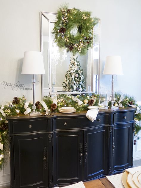 Decorating Buffet Table, Christmas Greenery Decor, Dining Room Buffet Table Decor, Dining Room Buffet Decor, Rustic Glam Christmas, Christmas Trees White, Dining Room Buffet Table, Serving Buffet, Party Event Decor