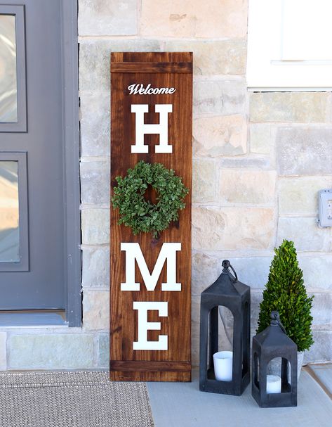 Welcome home porch sign Welcome Home Art Ideas, Diy Welcome Sign Front Door, Diy Welcome Home Signs, Welcome Sign Front Door Entrance, Diy Welcome Sign Wood, House Signs Outdoor, Home Sign Front Door, Home Porch Sign, Mini Boxwood Wreath