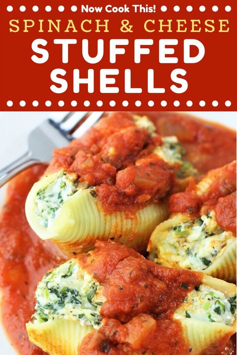 These easy Spinach and Cheese Stuffed Shells are filled with spinach, ricotta, mozzarella, and Parmesan cheeses and then baked with marinara sauce. They're a delicious and satisfying meatless dinner that everyone will love. Plus, they're freezer-friendly! Get the recipe and give them a try! Ricotta Cheese Stuffed Shells, Jumbo Shell Recipes, Spinach Stuffed Shells, Italian Recipes Appetizers, Stuffed Shells Ricotta, Manicotti Recipe, Jumbo Pasta Shells, Cheese Stuffed Shells, Spinach Ricotta