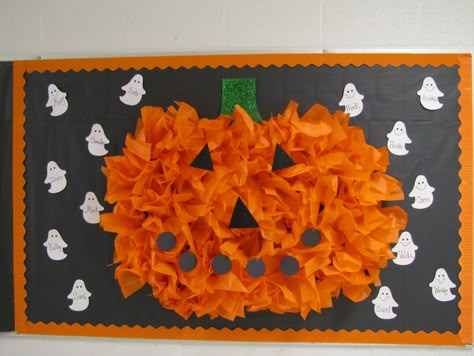 teachingtimes2.blogspot.com made this pumpkin from tissue paper for her Halloween bulletin board- it totally rocks!!!! Halloween Buliton Boards, Halloween Bulletin Board Ideas, October Bulletin Boards, Door Bulletin Boards, Thanksgiving Bulletin Boards, Work Bulletin Boards, Halloween Bulletin Boards, Halloween Infantil, October Ideas