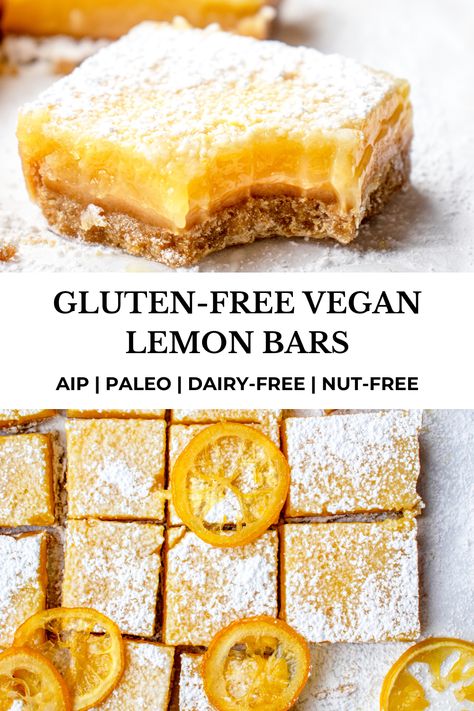 These easy egg-free Gluten-free Vegan Lemon Bars are perfectly sweet and tangy. A grain-free, nut-free crust is topped with a luscious dairy-free lemon filling for the best AIP/paleo lemon treat. #healmedelicious #aip #paleo #aiprecipes #paleorecipes #aipdiet #autoimmunepaleo #aipprotocol #glutenfree #dairyfree #veganlemonbars #glutenfreelemonbars #eggfreelemonbars #dairyfreelemonbars #paleolemonbars #nutfree #paleobaking #glutenfreebaking #springtreats #springdesserts #lemonsquares Aip Bars Recipe, Aip Easter Dessert, Aip Lemon Bars, Aip Lemon Dessert, Delicious Aip Recipes, Paleo Lemon Bread, Heal Me Delicious, Aip Baked Goods, Aip Bars