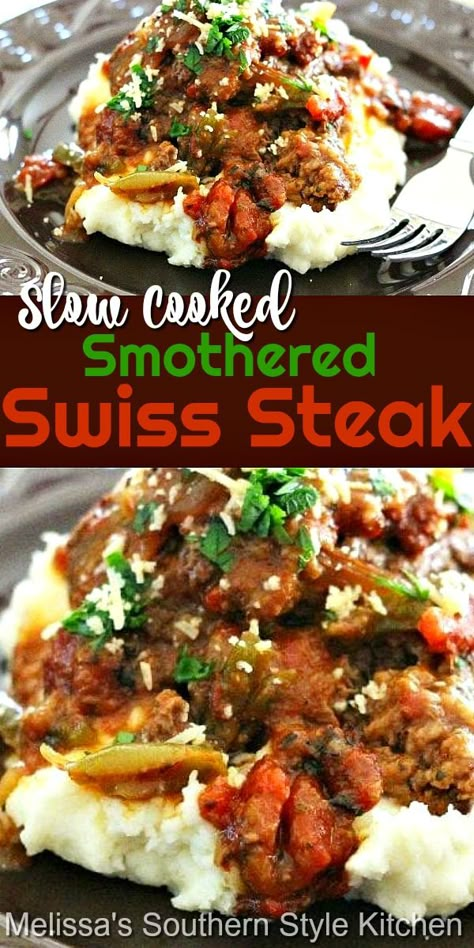 This Slow Cooked Smothered Swiss Steak recipe is the perfect match-up for a generous scoop of mashed potatoes, egg noodles or rice. Swiss Stake Recipe, Swiss Steak Recipe, March Recipes, Smothered Steak, Swiss Steak Recipes, Swiss Steak, Salisbury Steak Recipes, Crockpot Dishes, Steak Recipe