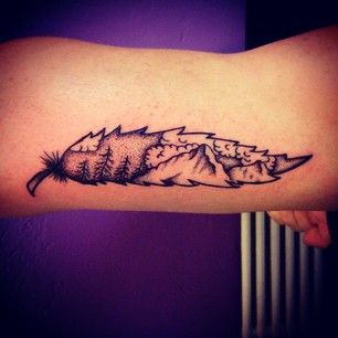 Or carry mountains as if they were as light as a feather. | 33 Stunning Landscape Tattoos That Will Remind You Of Home Scenery Tattoo, Mountains Tattoo, Polish Tattoos, Upper Back Tattoos, Landscape Tattoo, Awesome Tattoos, Mountain Tattoo, Feather Tattoo, Feather Tattoos