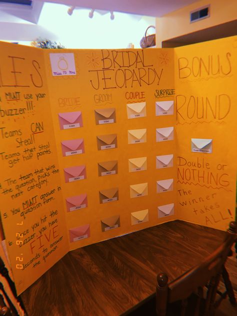 Inspiration for your own version of Bridal Jeopardy - created with mini envelopes from Amazon,  glitter pens and three panel board from Michaels! Bridal Jeopardy Board, Bridal Jeopardy Questions, Bach Games, Bridal Jeopardy, Bach Weekend, Bachelorette Party Planning, Wedding Bachelorette Party, Bridal Bachelorette Party, Panel Board