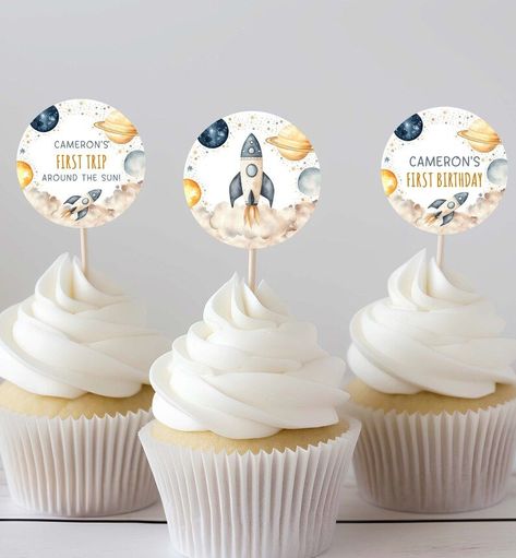 Rocket Ship Outer Space Birthday Cupcake Toppers, Printable First Trip Around The Sun Birthday Party Cake Toppers, Boy 1st Birthday Party First Trip Around The Sun Birthday Party Cake, Sun Birthday Party, Cupcake Toppers Template, Sun Space, Sun Birthday, Cupcakes For Boys, First Trip Around The Sun, Astronaut Birthday, Birthday Cupcake Toppers