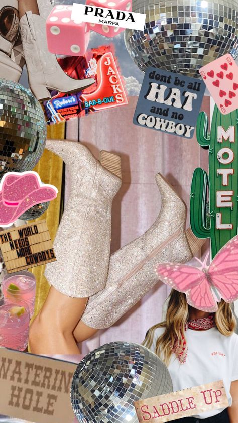 #discocowgirl #cowgirlstyle #cowgirl #aesthetic #cowboyboots #cowboytakemeaway #letsgogirls #cowboyhat #bachelorette #bachelorettetheme #collage #yeehaw Sparkly Cowgirl Aesthetic, Cowboy Glam Party, Rhinestone Cowboy Aesthetic, Cosmic Cowgirl Aesthetic, Champagne Cowgirl, Rhinestone Cowgirl Aesthetic, Galactic Cowboy, Disco Cowboy Party, Soft Cowgirl