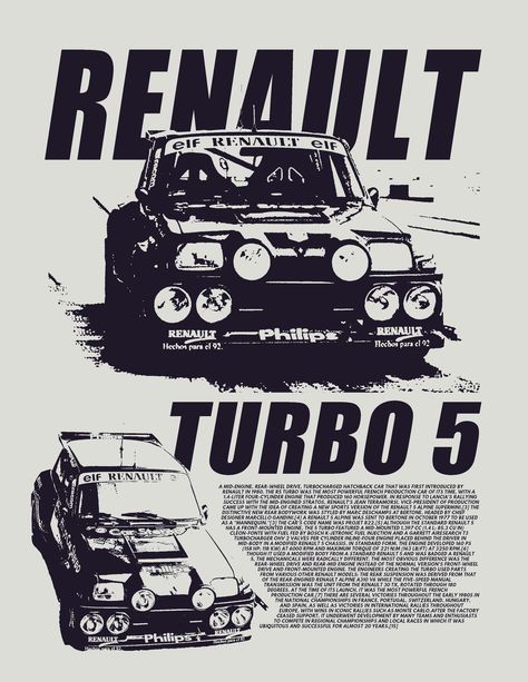 Poster of the Renault Turbo 5, a car used in 1980s rally races Rally Poster, Hatchback Cars, The Great Race, Rally Racing, Rallying, Rear Wheel Drive, A Car, Race Cars, Motorsport