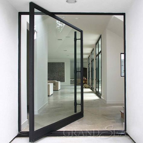 Large modern tempered glass exterior aluminium pivot entry doors Pivot Doors Entry, Glass Entrance Doors, Steel Frame Doors, Modern Entrance Door, Steel Doors And Windows, Entry Doors With Glass, Contemporary Front Doors, Pivot Doors, Front Door Design