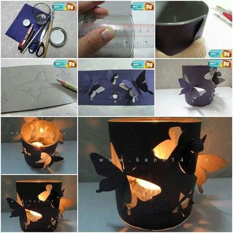 Lampion vlinder Diy With Kids, Butterfly Candle Holder, Butterfly Lamp, Diy Luminaire, Butterfly Candles, Diy Butterfly, Diy Candle Holders, Candle Cover, Candle Craft