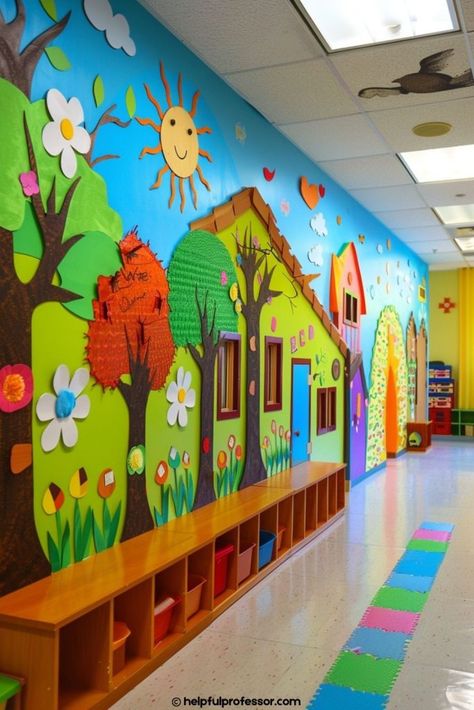 25 Classroom Wall Decoration Ideas (2024) Nursery School Decor Classroom Ideas, Preschool Designs Classroom, Daycare Room Wall Ideas, Creche Classroom Decoration, Kindergarten Wall Design, Wall Design For School, School Decorations Hallway, Play School Decor Ideas, School Wall Decoration Classroom Decor