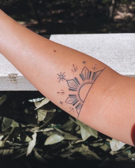 Filipino Culture Tattoos, Simple Philippines Tattoo, Tiny Filipino Tattoo, Philippines Sun Tattoo Woman, Minimal Filipino Tattoo, Fine Line Philippine Tattoo, Filipino Sun And Sampaguita Tattoo, Filipino Art Tattoo, Filipino Sibling Tattoo