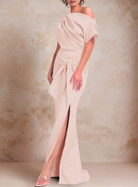 Trumpet/Mermaid One-Shoulder Short Sleeves Floor-Length Mother of the - Mondressy Mob Dresses Summer, Godmother Dress, Mog Dresses, Dresses With Ruffles, Mom Wedding Dress, Bella Wedding, Mother Of The Bride Dresses Long, Mother Of Bride Outfits, Bride Outfits