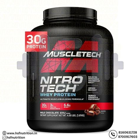 MuscleTech Nitro-Tech Whey Protein, 1.81kg (4lbs), Milk Chocolate, 30g Protein, 3g creatine monohydrate, 6.7g BCAA, ultimate muscle building formula, increase strength & performance @hsfnutrition #hsfnutrition ✅WHEY PROTEIN POWDER – MuscleTech Nitro-Tech is the most powerful protein formula ever developed. It is a scientifically engineered whey plus isolate lean muscle builder formula designed for more muscle, more strength and better performance ✅MUSCLE BUILDER for MEN & WOMEN – MuscleTec... Nitro Tech, 30g Protein, Muscle Builder, Creatine Monohydrate, Whey Protein Powder, Muscle Building, Lean Muscle, Whey Protein, Milk Chocolate