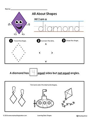 All About Diamond Shapes in Color Worksheet.Learn all about the diamond shape in this printable worksheet. Practice tracing, drawing, and coloring pictures of diamond shapes. Kids Shapes, Shape Worksheets For Preschool, Shapes Printable, Bloom's Taxonomy, Shape Tracing Worksheets, Practice Tracing, Shapes Kindergarten, Shapes Preschool, Basic Math Skills