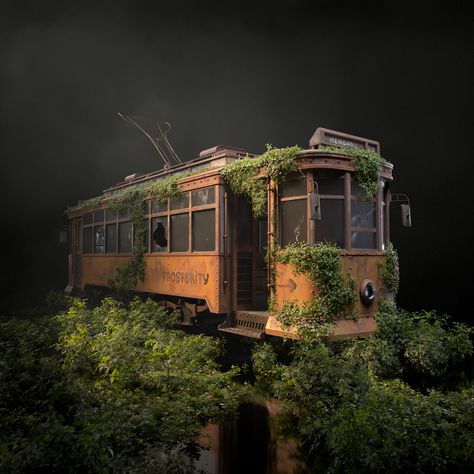 Abandoned Places Concept Art, Abandoned Town Concept Art, Post Apocalyptic Train, Apocalypse Car Concept Art, Abandoned Robot Concept Art, Geometry Nodes, Maya Modeling, Apocalypse Aesthetic, Abandoned Vehicles