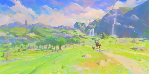 Zelda BoTW - Landscape format + process, Slawek Fedorczuk on ArtStation at https://www.artstation.com/artwork/PoaKvL Zelda Landscape, Botw Zelda, Zelda Botw, Nature Background Images, Landscape Sketch, Landscape Concept, Nintendo Art, Zelda Art, Landscape Illustration