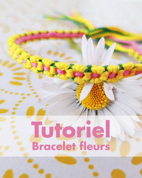 tutoriel pour créer un bracelet brésilien en fleurs. tutorial to create a Brazilian bracelet in flowers. DIY, DMC, bracelet fil, bracelet printemps Dmc Floss Bracelet Patterns, Brazilian Bracelet, Embroidery Floss Bracelets, Floss Bracelets, Knot Jewelry, Diy Bijoux, Jewelry Knots, Floral Bracelet, Beaded Crafts