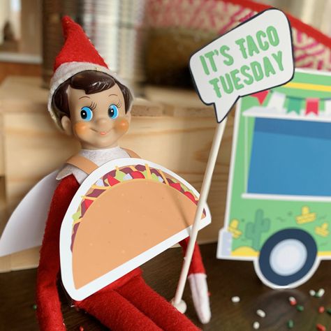 Elf on the Shelf Ideas - Free printable elf on the shelf taco Tuesday How To Pose Elf On The Shelf, Elf On The Shelf Math Ideas, Taco Elf On The Shelf, Elf Taco Tuesday, Elf On The Shelf Taco Truck, Elf On The Shelf Taco Tuesday, Taco Tuesday Elf On The Shelf, Free Printable Elf On The Shelf Props, Elf On The Shelf Free Printables Props