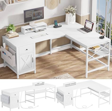 Amazon.com: SEDETA L Shaped Computer Desk, Convertible 86.6" Home Office Desk or Corner Desk, Office Desk with Drawer, Power Strip, Storage Cabinet & Storage Bag, White : Home & Kitchen Long Home Office, White L Shaped Desk, Drawer Bookshelf, Cabinet Bookshelf, L Shaped Computer Desk, Desk With Drawer, Corner Desk Office, Home Office Table, Corner Office