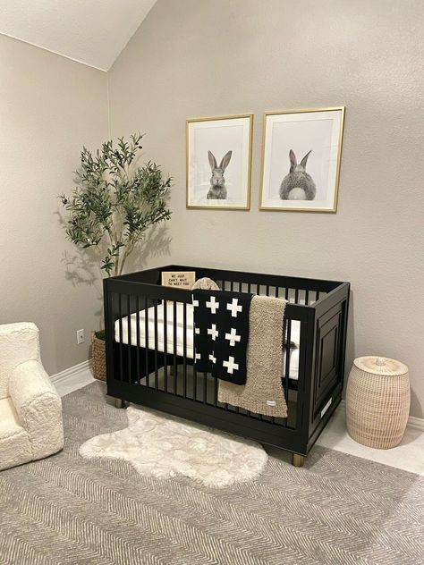 Black Baby Furniture Nursery, Baby Nursery Laundry Basket, Black Gender Neutral Nursery, Black Gold Neutral Bedroom, Black Crib Nursery Gender Neutral, Nursery Ideas Black Furniture, Gold And Black Nursery, Gender Neutral Nursery With Black Crib, Nurseries With Black Cribs