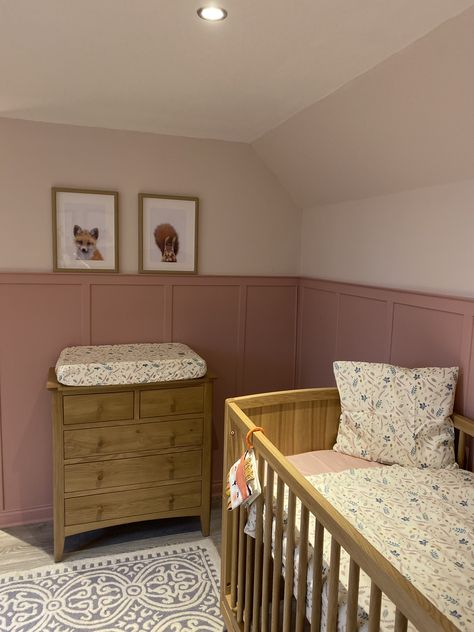 Half Wood Panel Walls Nursery, Pink Nursery Panelling, Nursery With Paneling, Nursery Half Wall Panelling, Beige Nursery Panelling, Panelling Nursery Pink, Dusky Pink Nursery, Pink Panelling Nursery, Dusky Pink Panelling