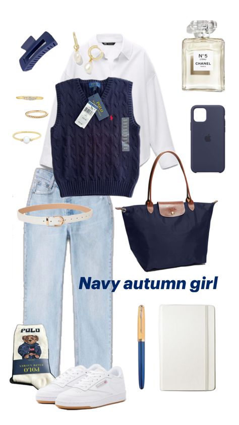 A elegant blouse underneath a blue vest paired wit a mom jeans, white sneakers and a blue bag. The outfit is complimented by gold jewellery and sweet accessories. Navy Blue Vest Outfit, Blue Vest Outfit, Navy Aesthetic, Outfit Vest, Autumn Outfit Inspo, Navy Blue Vest, Navy Girl, Navy Vest, Academia Outfits