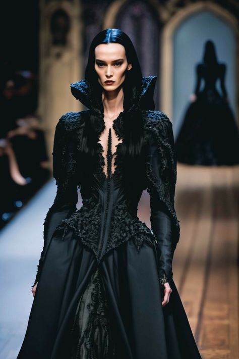 Gothic inspiration Gothic History Fashion, Vampire Haute Couture, High Fashion Vampire, Gothic Haute Couture, Masquerade Outfits For Women, Gothic Fashion Show, Morticia Inspired Outfit, Red Carpet Looks Ideas, Gothic Fantasy Dress