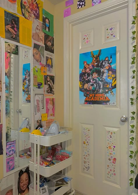 kawaii, my hero academia, anime, magazine wall, snack cart, hello kitty, studio ghibli Studio Ghibli Room Decor Ideas, My Hero Academia Room Decor, My Hero Academia Room Ideas, My Hero Academia Bedroom, Studio Ghibli Room Ideas, Anime Room Decor Ideas, Studio Ghibli Room, Room Decor Items, Anime Room Decor