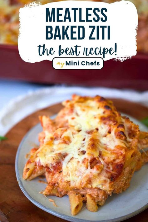 This easy recipe for Meatless Baked Ziti is made with a few simple ingredients but is super flavorful and quick to put together. It's guaranteed to become a family favorite! 5 Ingredient Baked Ziti, Quick Easy Meatless Dinner, Easy Baked Ziti Meatless, Meatless Ziti Recipes, Baked Ziti Recipe Meatless, Pasta Bake Recipes Vegetarian, Meatless Meals For Kids, Baked Ziti No Meat, Meatless Pasta Dishes