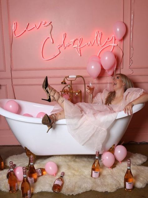 Champagne Photoshoot, Vday Photos, Bathtub Photoshoot, Wine Advertising, Bathtub Photography, Valentine Backdrop, Rainbow Music, Bathtub Decor, Pink Photography