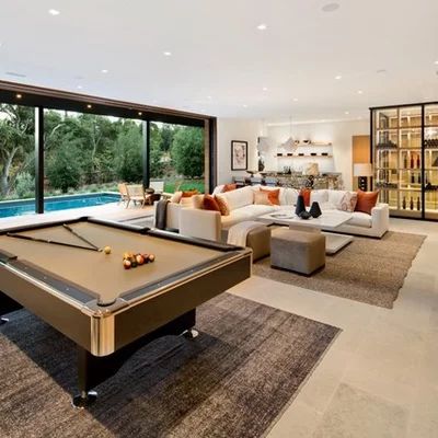 Contemporary Cottage - Contemporary - Basement - DC Metro - by DeFalco Home Design | Houzz Basement Rec Room Ideas, Rec Room Ideas, Basement Rec Room, Contemporary Basement, Living Room Decoration Ideas, Pool Table Room, Modern Family Rooms, Room Decoration Ideas, Basement Living Rooms