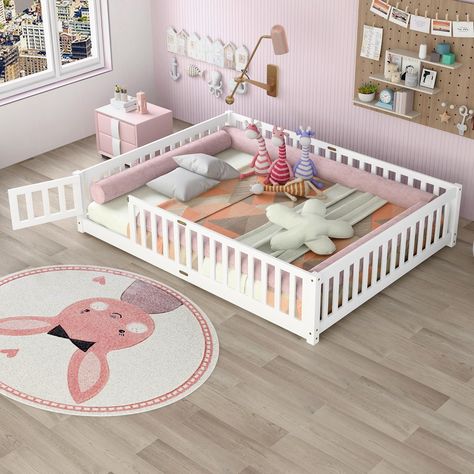 Bellemave Queen Size Floor Bed with Door and Fence for Kids ✨ #toddlergames #toddlers #toddlertoys #firstbirthday #firstbirthdayideas #nurserydecor #nursery #babyroom #babyroomdesign #kidsroom #toddlerroom #montessory #woodentoys #firstbirthdayparty #kidsofinstagram #playroomdecor #woodentoys #imagineplay #playroomdecor #playroomdesign #toddlerapproved #activitiesforkids #education #stemforkids Small Toddler Room Girl, Queen Size Floor Bed, Wood Queen Bed Frame, Wood Queen Bed, Twin Floor Bed, Reading Place, Fence Door, Montessori Floor Bed, Small Game Rooms