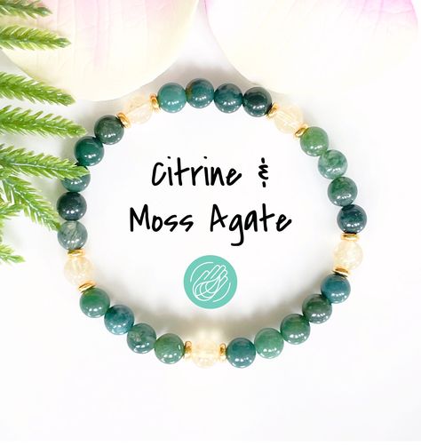 👉🏻All of my items are made with genuine, natural stones and crystals. Please be aware that no two stones are alike, that is what makes them unique. The size, colour and patterns of the beads will vary from piece to piece but these variations will not compromise the energy, beauty, and quality of your bracelet. Embrace new beginnings with this natural citrine and green moss agate gemstone bracelet! This beautiful healing crystals bracelet features 6mm genuine yellow citrine, green moss agate, a Moss Agate Bracelet, Prosperity Bracelet, Essential Oil Bracelet, Green Moss Agate, Zodiac Bracelet, Crystal Healing Bracelets, Yellow Citrine, Agate Bracelet, Birthstone Bracelets