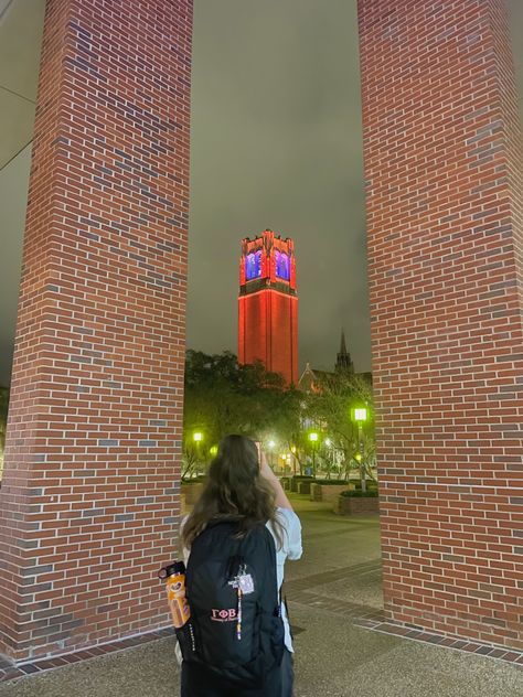 century tower at night, orange and blue, UF Panhellenic backpack, University of Florida University Of Central Florida Aesthetic, Florida Polytechnic University, University Of North Florida, Florida International University Campus, University Of Central Florida, University Of Florida, University, Tower, Florida