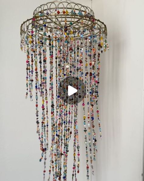 Starbloom Crafts on Instagram: "Probably my favorite thing I’ve made so far and I have no idea what to call it. A mobile? A chandelier? A wind chime? Who knows.  . . . “Beaded Spinning Mobile” assorted beads, jump rings, string and a thrifted lazy Susan. #mixedmedia #beadwork #beadmobile #thiftstorefinds #upcycling" Bead Mobile, Circle Mobile, Wire Chandelier, Beaded Chandelier, Backyard Living, Lazy Susan, Beading Projects, Wind Chime, Who Knows