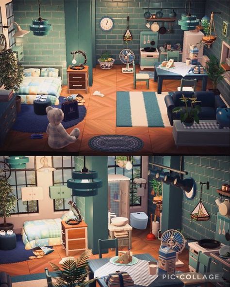 Animal Crossing Apartment Design, Acnh House Interior Blue, Studio Apartment Drawing, Acnh Blue Room Ideas, Studio Apartment Ideas Acnh, Animal Crossing Jeremiah, Jeremiah Acnh, Animal Crossing Studio Apartment, Acnh Studio Apartment