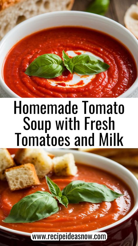 Easy Homemade Tomato Soup with Fresh Tomatoes and Milk. Warm up with this comforting and easy homemade tomato soup made from fresh tomatoes and milk! This creamy and flavorful recipe is perfect for cozy dinners, using simple ingredients to create a deliciously rich soup in no time. Great as a quick lunch or paired with grilled cheese, this tomato soup is a family favorite. Try this fresh and wholesome recipe today! Tomatoe Soup Homemade Fresh Tomatoes, Tomato Soup With Tomato Sauce, Homemade Tomato Soup With Fresh Tomatoes, Tomato Soup With Fresh Tomatoes, Simple Tomato Soup, Easy Homemade Tomato Soup, Tomato Soup From Scratch, Using Fresh Tomatoes, Easy Tomato Soup Recipe