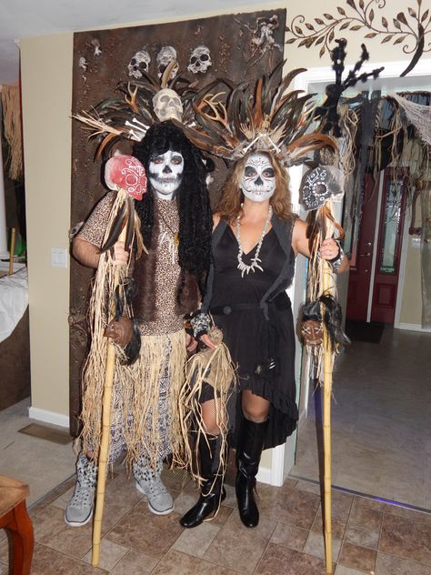 Our homemade witch doctor costumes for this Halloween! Halloween Wedding Dress Ideas, Diy Halloween Wedding, Halloween Wedding Dress, Witch Doctor Costume, Goddess Costumes, Voodoo Party, Voodoo Doll Costume, Voodoo Costume, Adult Halloween Party Decorations