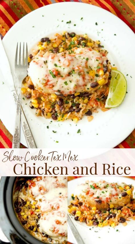 Slow Cooker Tex Mex Chicken and Rice made with black beans, corn, salsa and boneless chicken breasts is definitely for you. #chicken #rice #texmex #slowcooker #crockpot Chicken Breast Recipes Mexican, Tex Mex Chicken And Rice, Chicken And Rice Crockpot, Crockpot Mexican Chicken, Mexican Chicken And Rice, Mexican Dinners, Tex Mex Chicken, New Chicken Recipes, Crockpot Meal