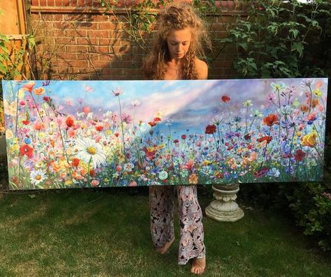 Textured Wildflower Painting, Wildflower Landscape Painting, Horizontal Flower Painting, Panoramic Landscape Painting, Big Landscape Paintings, Long Landscape Paintings Horizontal, Painting Ideas Horizontal, Horizontal Paintings On Canvas, Wildflower Canvas Painting